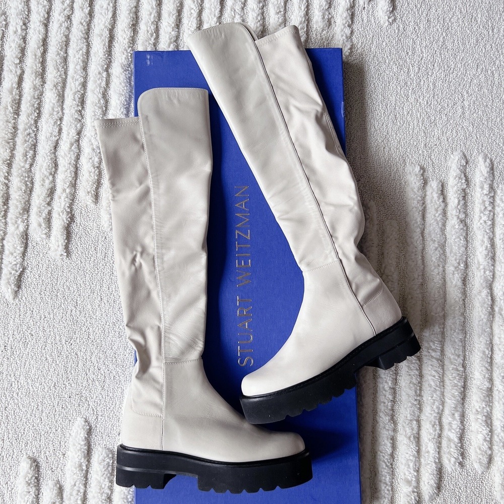 STUART Weitzman 5050 Ultralift Leather Over the Knee Platform Boots White US 6.5